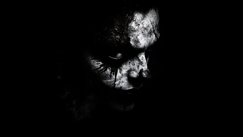 Half-lit nightmare clown face dissolves into swallowing dark.