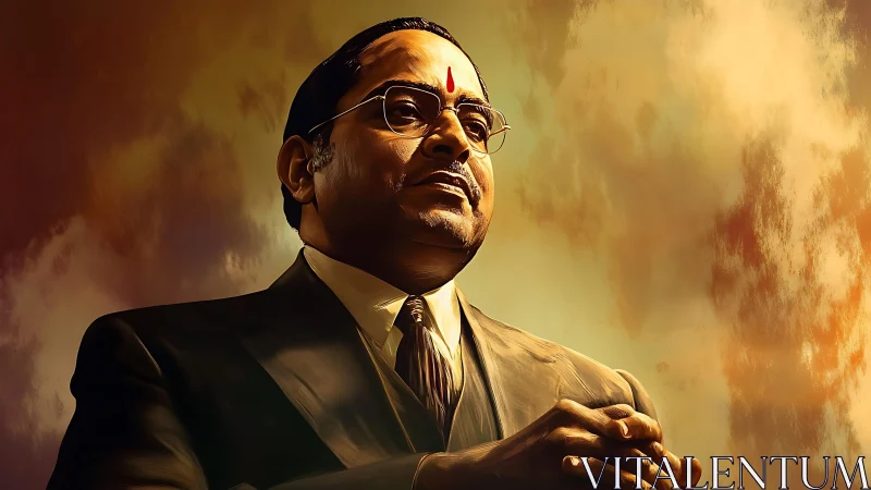 Formal portrait of besuited leader under dramatic warm sky lighting