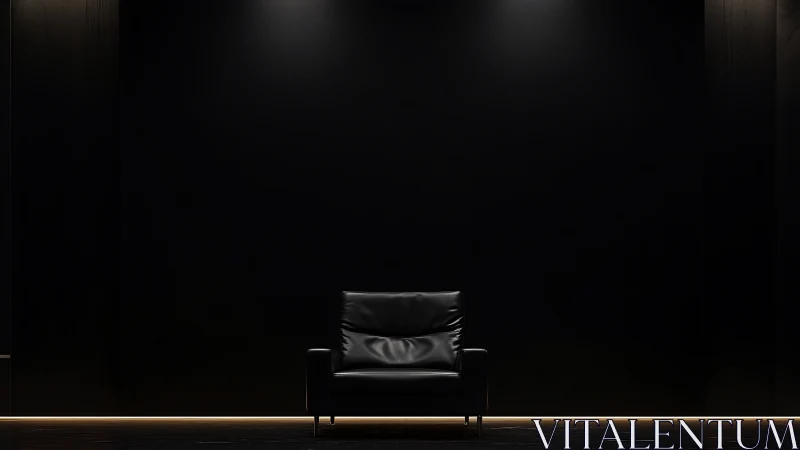 Solitary black leather armchair in dramatic minimal studio.