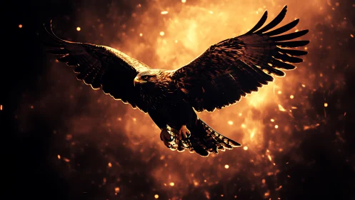 Golden eagle in dramatic fiery backlit flight scene.