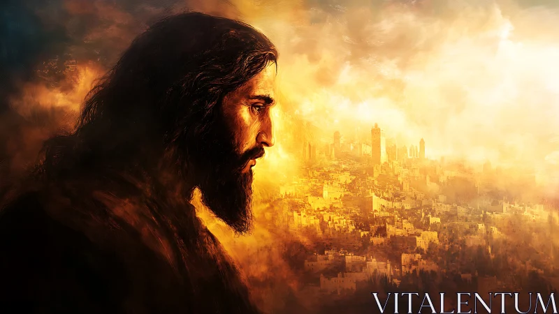 Solitary robed figure gazes over glowing ancient cityscape.