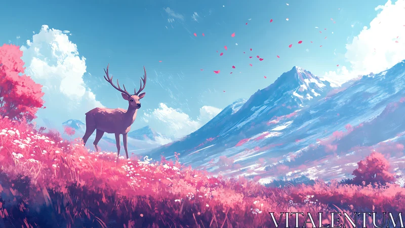 Stag stands over neon pink meadow beneath snowcapped peaks