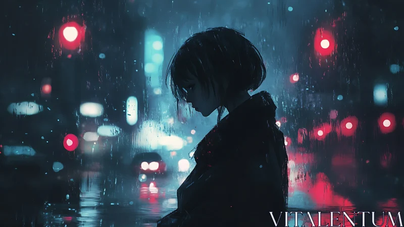 Silhouetted figure stands in rainy city street at night