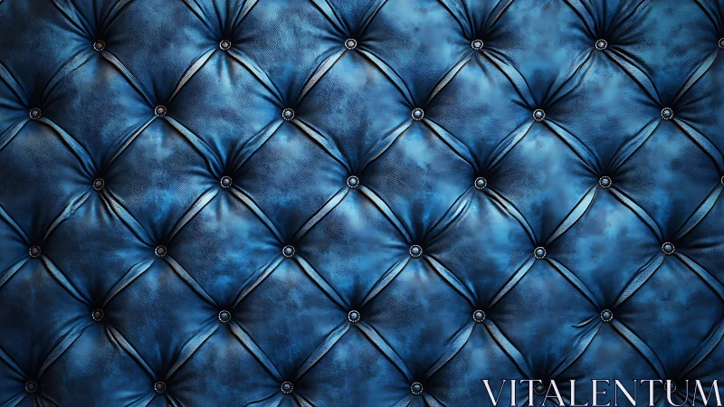 Deep blue tufted leather upholstery with diamond grid pattern.