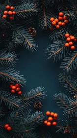 Festive evergreen border with red berries on dark backdrop.