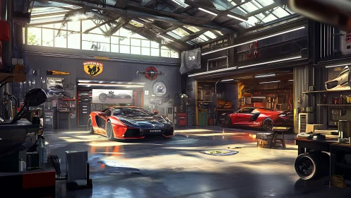 Hyperreal supercars illuminated in precision-tuned workshop