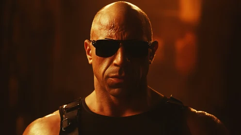 Cinematic close-up of muscular man in sunglasses under warm rim lighting