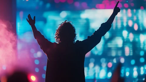 Joyful concert moment under glowing neon stage lights.