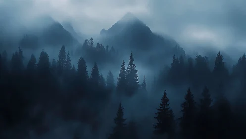 Forested mountains obscured by dense fog and mist layers