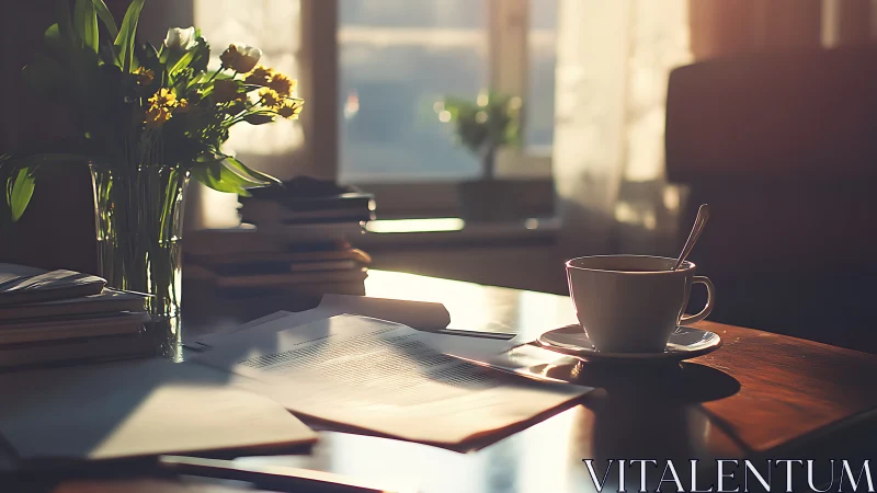 Backlit study table shows papers, coffee cup and glass vase in warm light