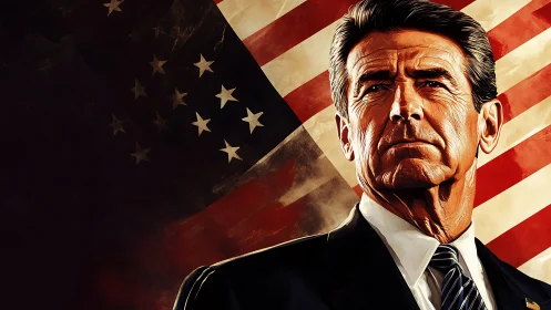 Heroic political portrait against stylized American flag backdrop