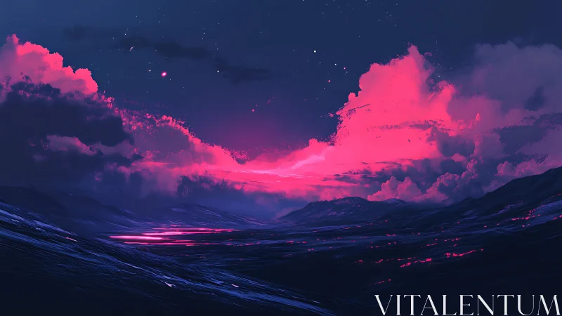 Neon clouds igniting a tranquil alien valley at dusk.