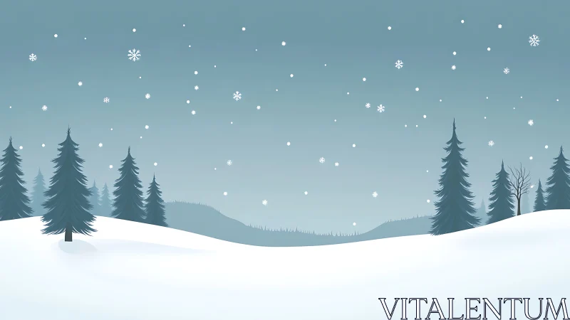 Minimalist winter forest under gentle falling snowflakes.