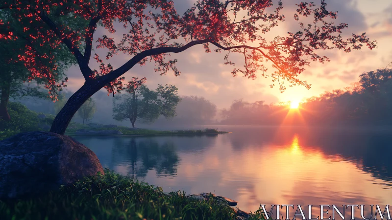 Lake shoreline tree under low sun with reflected light.