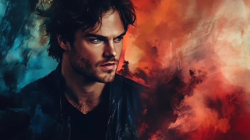 Male portrait against abstract red and blue background.