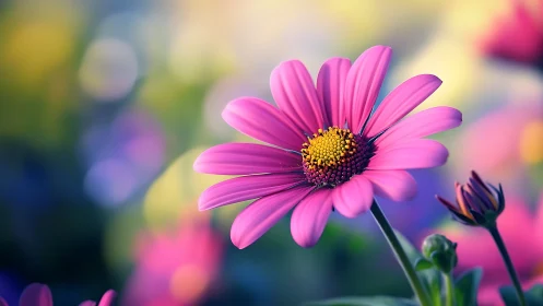 Vibrant pink daisy in dreamy shallow-focus garden scene.