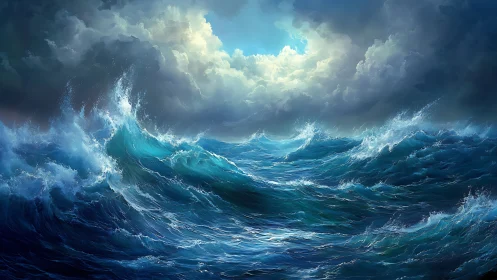 Tempest-tossed waves rise toward a secret window of sky