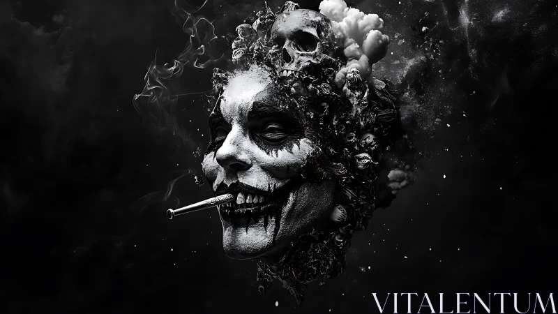 Skull-clad clown head exhales swirling monochrome smoke.