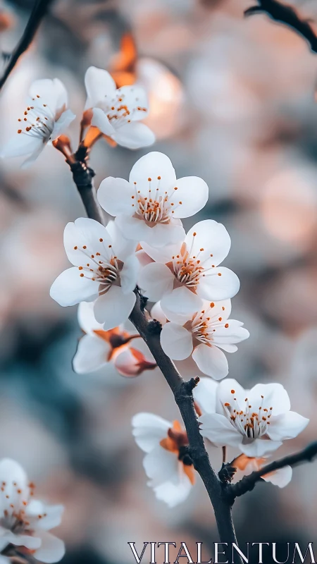 Spring Cherry Blossoms: White Petals with Russet Stamen Detail.