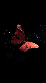 Crimson butterfly in particulate motion against deep void.