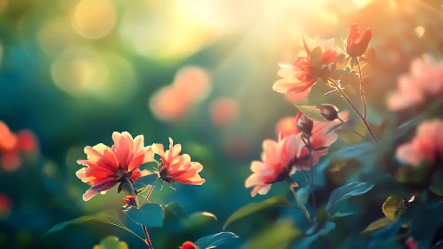 Red and Golden Blooms in Soft Focus Sunlight