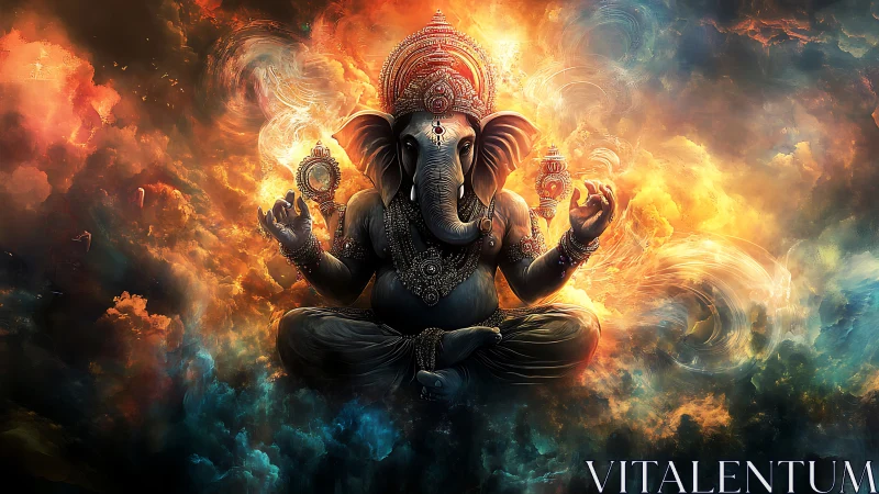 Divine elephant figure meditates in swirling cosmic fire