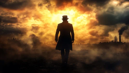 Digital painting of lone figure in backlit industrial mistscape.