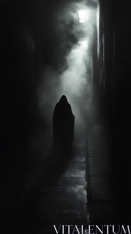 Shrouded figure stalks fog-drenched alley under lantern glow.