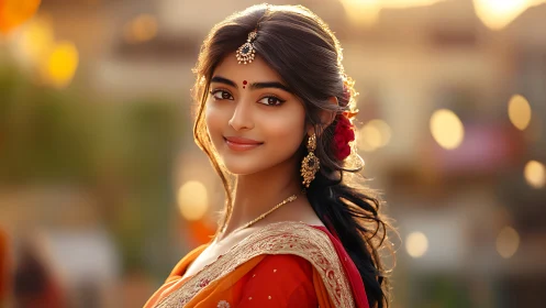 Indian woman in red saree smiles in warm golden light.