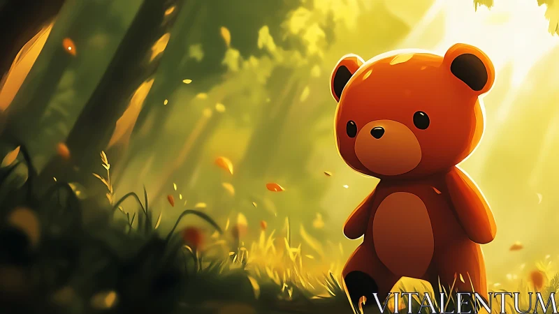 Glossy toy bear under volumetric forest sunlight field study.