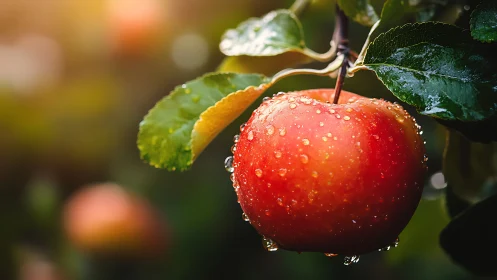 Sunlit orchard jewel kissed by rain and lingering morning hush.