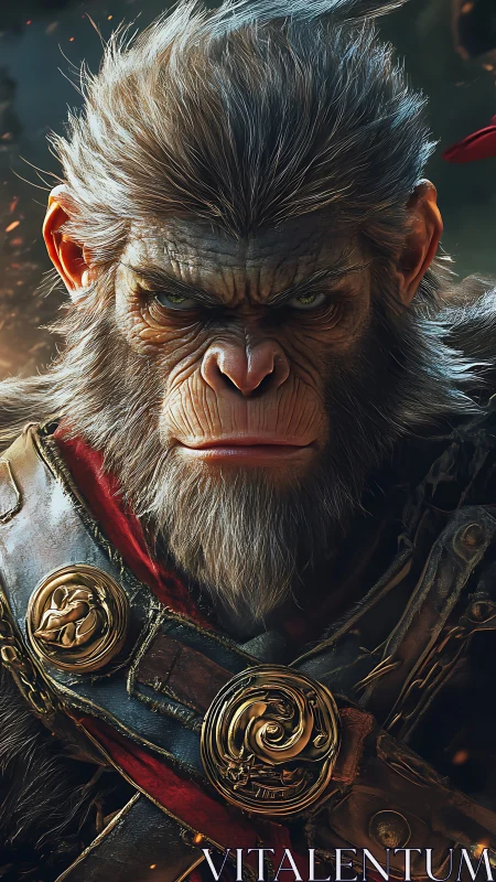 Armored simian warrior portrait with ornate metal details.