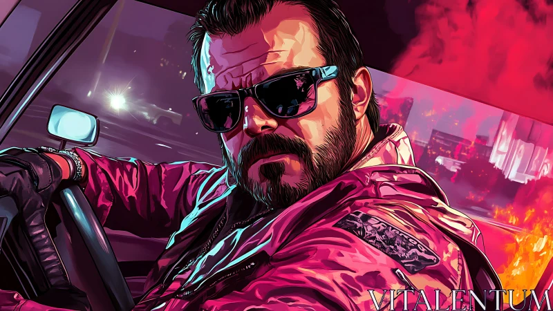 Neon lit retro driver in stylized vector portrait at night