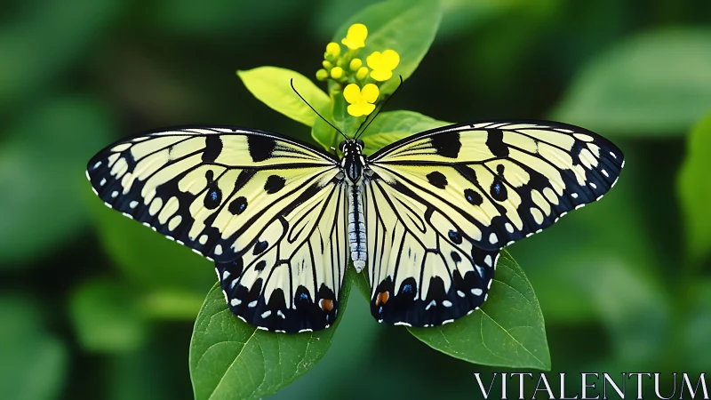 Delicate white butterfly rests on lush green leaves in focus.