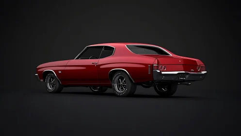 Crimson muscle car poised in the dark, ready to roll free.