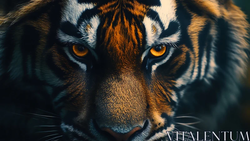 Photorealistic tiger portrait in dramatic frontal close-up.