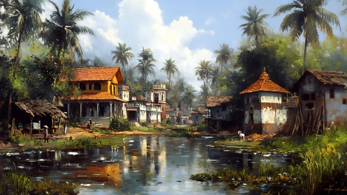 Sunlit village lagoon whispers under tall coconut sentries.