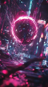 Neon energy sphere shatters liquid street surface