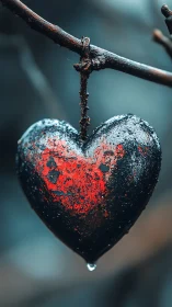 Heart-shaped fruit with exposed red interior suspended from dark branch