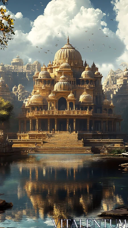 Monumental riverside temple with domes in golden daylight.
