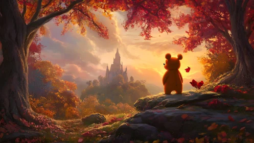 Autumn bear overlooks distant fairytale castle at sunset.