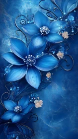 Azure Floral Composition with Crystalline Embellishments and Sculptural Tendrils.