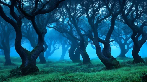 Enchanted blue forest breathes with mist and silent wonder