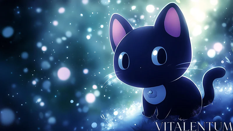 Night scene with stylized black cat in glowing bokeh field.