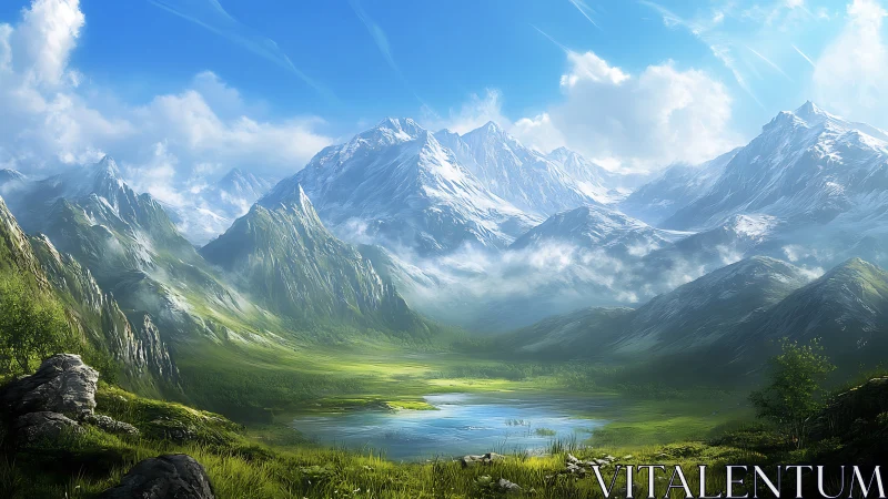 Snowcapped mountain range surrounds luminous alpine valley lake