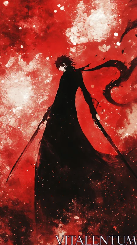 Dark swordsman silhouette against violent red storm.