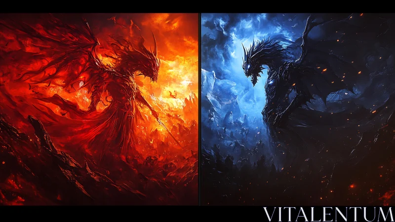 Contrasting red and blue dragon entities face each other