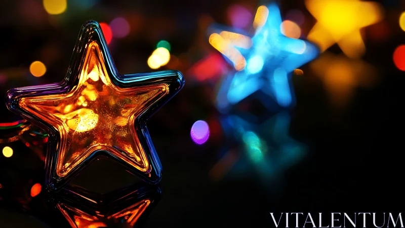 Luminous glass star ornament with vivid bokeh lighting.