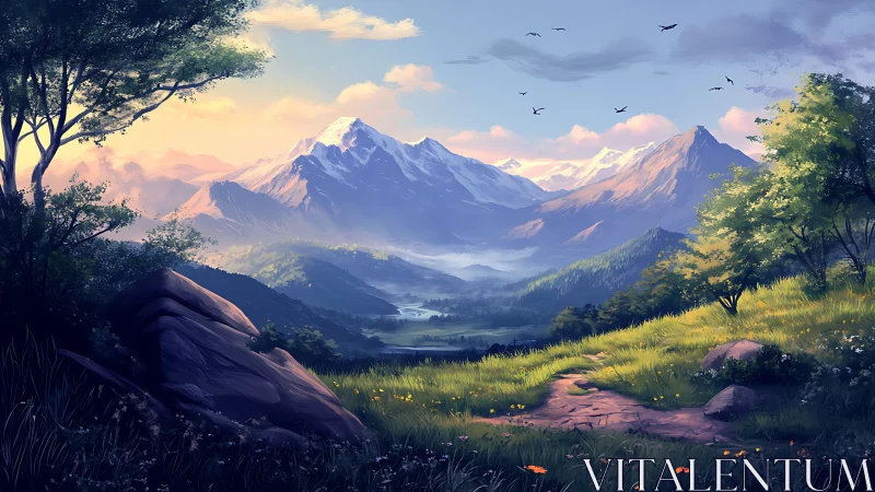 Mountain valley landscape shows sunlit meadows and peaks