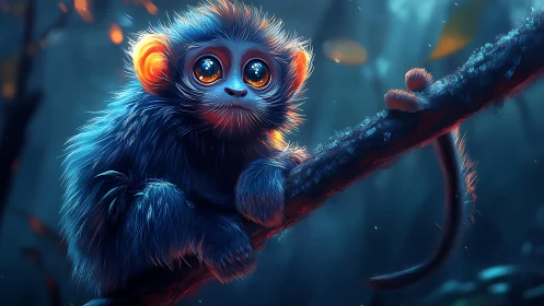 Bioluminescent-eyed primate perched on luminescent forest branch.